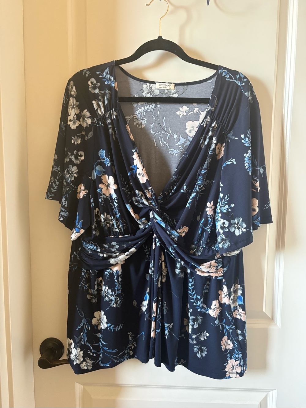 Kiyonna Navy Floral Knot-Front Top